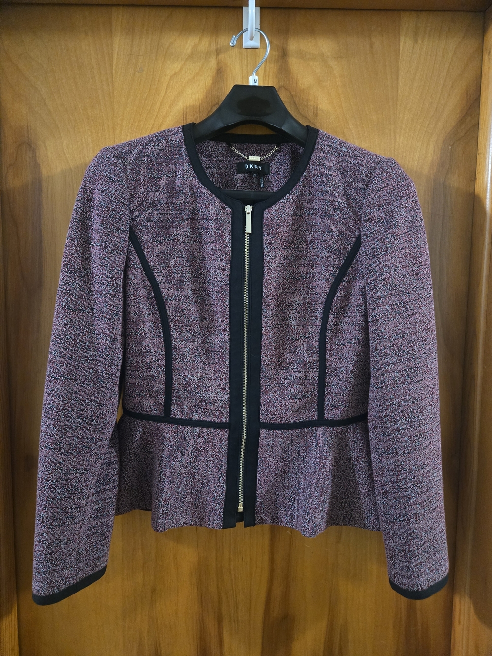 DKNY Black-Trim Purple Tweed Zip Peplum Blazer